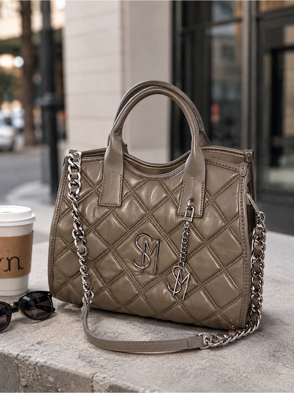 Steve Madden Taupe Quilted Satchel Bag Chain Strap Top Handle Crossbody Purse